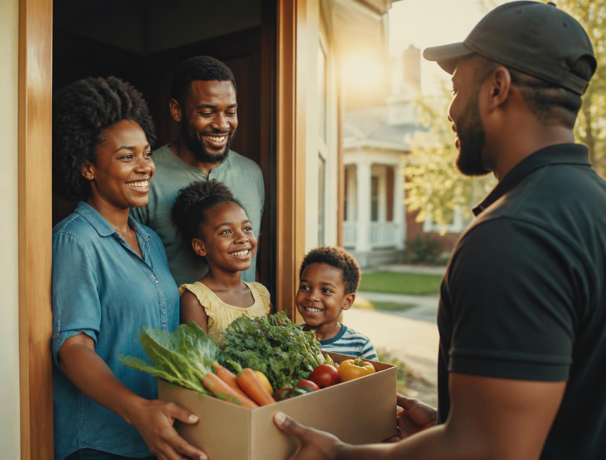 Family receiving a box of fresh vegetables at their door