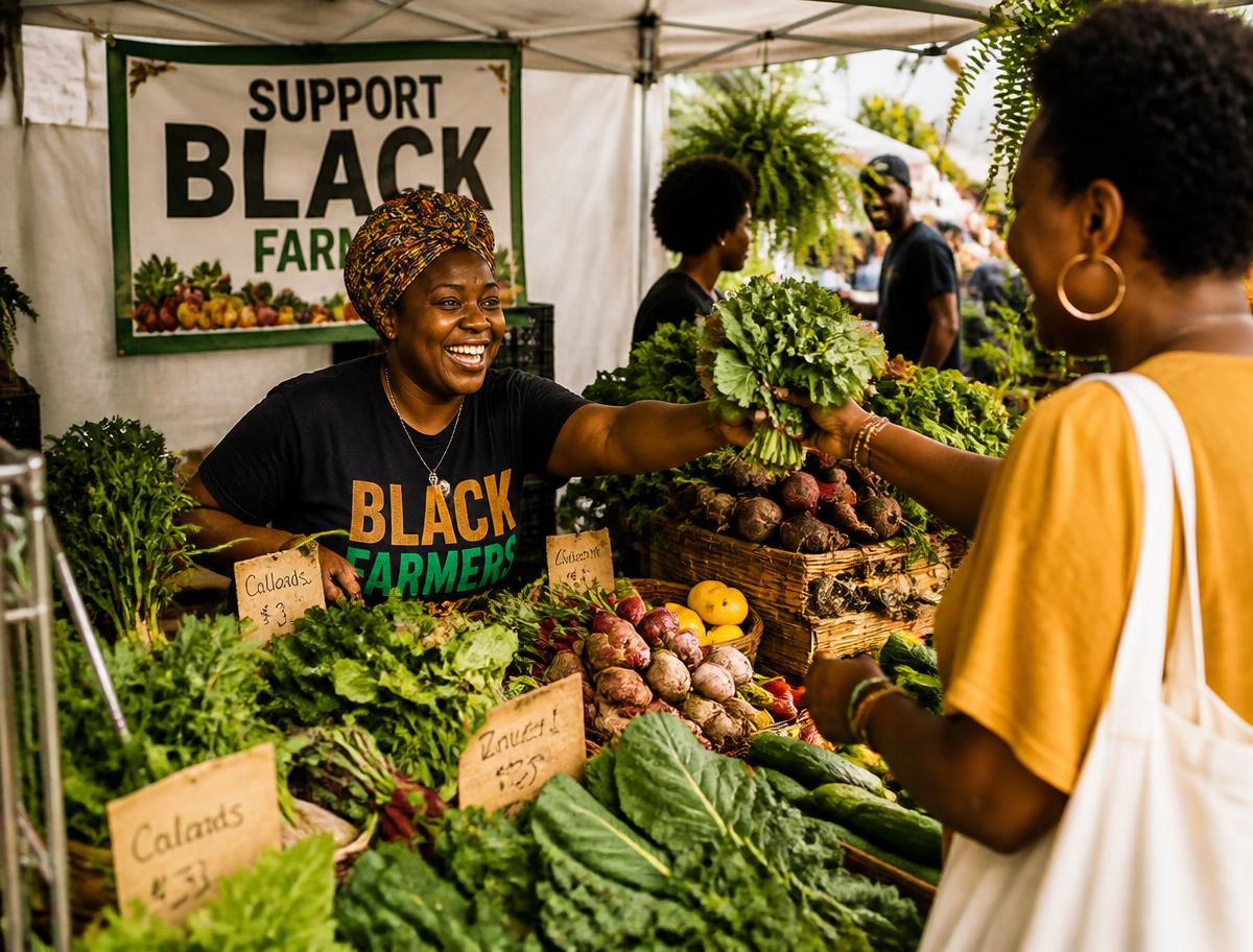 Black farmer handing fresh greens to a shopper at a community market