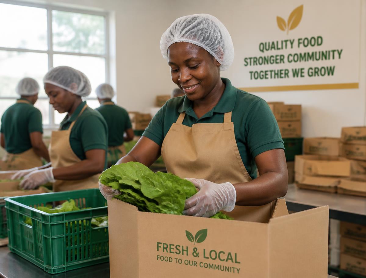 Workers packing fresh greens into boxes at a local processing facility
